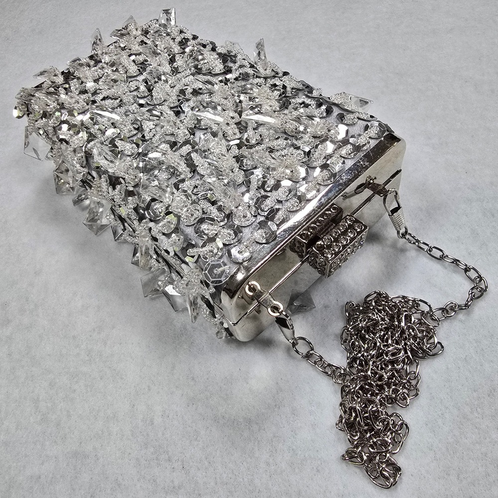 Silver Sequin Crystal Embellished Box Clutch Crossbody Bag Chain Strap Handbag - Picture 5 of 16